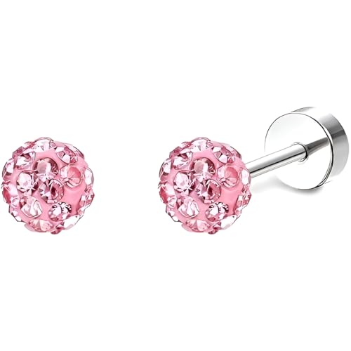 Stainless Steel Stud Earring 1 Pair Silvery Flatback Earrings Hypoallergenic Screwback Jewellery Flat Back Helix Jewelry for Sensitive Ears Women Ladies Aretes De Mujer - style: Sphere-Pink Zircon