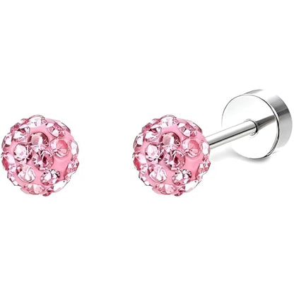 Stainless Steel Stud Earring 1 Pair Silvery Flatback Earrings Hypoallergenic Screwback Jewellery Flat Back Helix Jewelry for Sensitive Ears Women Ladies Aretes De Mujer - style: Sphere-Pink Zircon