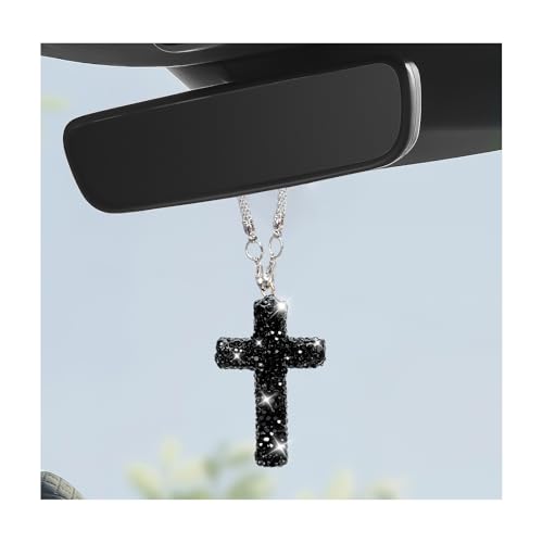 Cross Car Rearview Mirror Ornament, Shiny Rhinestone Cross Auto Rear View Mirror Pendant, Bling Religious Charms Interior Decor for Most Vehicles Rearview Mirrors (Black) - color: Black