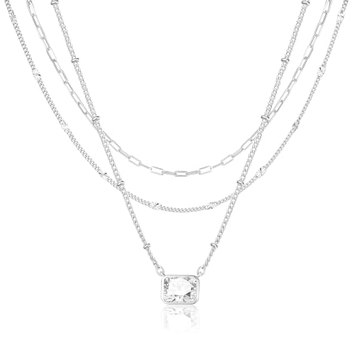 3PCS Gold Silver Layered Necklaces for Women Trendy - color: Silver&Square