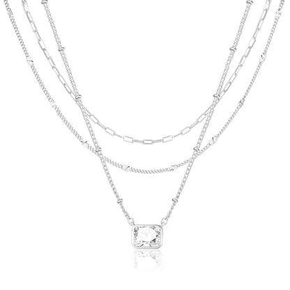 3PCS Gold Silver Layered Necklaces for Women Trendy - color: Silver&Square