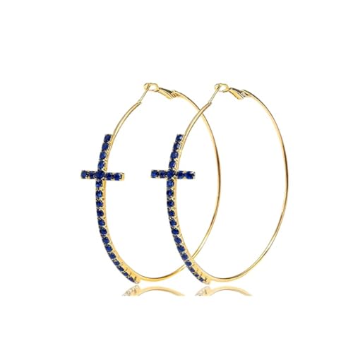Large Cross Hoop Earrings for Women Sparkly Rhinestone Statement Jewelry for Prom Wedding Party Night Out Accessories Shiny Silver Tone Fashion Dangle Earings - color: Blue