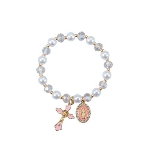 Stretchy Virgin Mary Bracelet with Cross Charm - Multi-Color Pearl Crystal Beaded Catholic Religious Jewelry for Women, Christian Gift for Baptism Confirmation First Communion - color: Pink