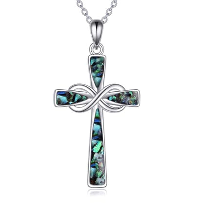 Infinity Cross Necklace S925 Sterling Silver Turquoise/Wooden/Opal/Abalone Cross Pendant Necklaces Christian Jewelry Gifts For Women - style: Abalone Cross