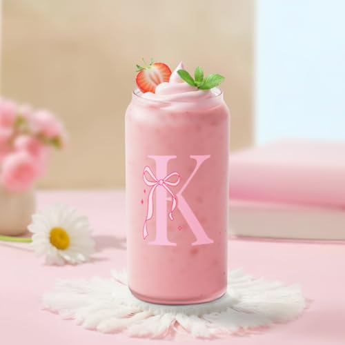SANDJEST Monogrammed Glass Drinking Can Cup with Acrylic Lid and Straw, Personalized Frosted Iced Coffee Tumbler 16oz, Monogram Initial Gifts for Women Girls on Birthday (K) - color: K