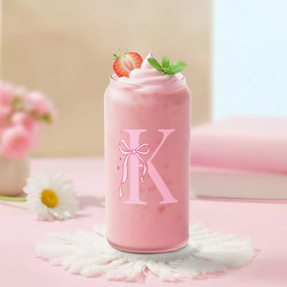 SANDJEST Monogrammed Glass Drinking Can Cup with Acrylic Lid and Straw, Personalized Frosted Iced Coffee Tumbler 16oz, Monogram Initial Gifts for Women Girls on Birthday (K) - color: K