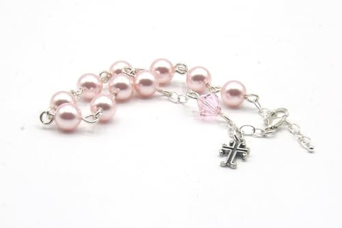 Catholic Communion Rosary Bracelet Created with Swarovski® Crystals, Glass - color: Pearlized Rosaline Pink