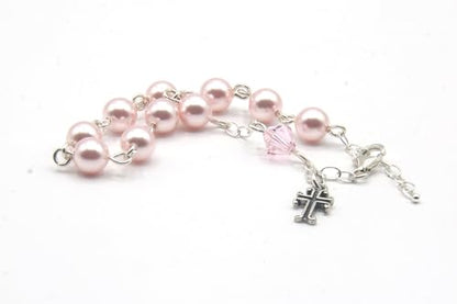 Catholic Communion Rosary Bracelet Created with Swarovski® Crystals, Glass - color: Pearlized Rosaline Pink