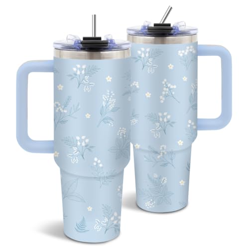 40 oz Blue Flower Tumbler with Handle and Straw, Floral Gifts for Women - color: Floral3