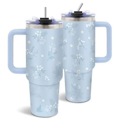 40 oz Blue Flower Tumbler with Handle and Straw, Floral Gifts for Women - color: Floral3