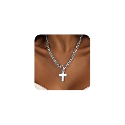 LULII Cross Necklace for Women Dainty 14K Gold Silver Plated Small Cross Pendant Choker Simple Cute Cross Gold Necklace for Women Trendy Faith Jewelry Gift - color: Chunky Cross Necklace-Silver