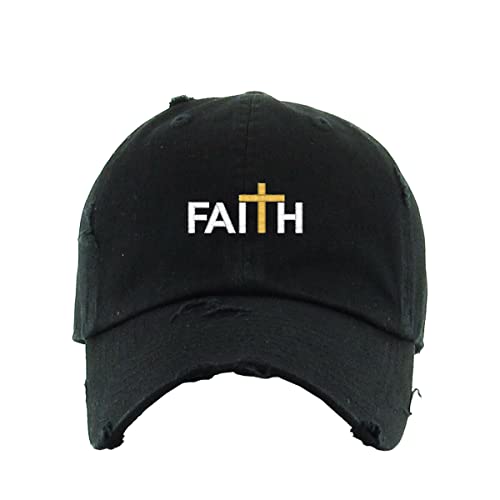 Faith with Cross Vintage Baseball Cap Embroidered Cotton Adjustable Distressed Dad Hat - color: Black