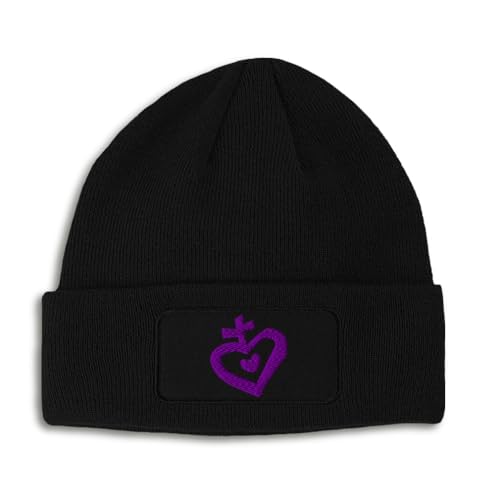 Patch Beanie Purple Heart Christian Cross God Christ Skull Cap Hats for Men & Women Winter One Size - color: Black Design Only