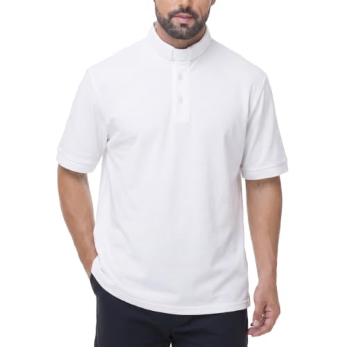 Men's Short Sleeve Clergy Polo Shirt Tab Collar Cotton Blend - color: White, size: Small