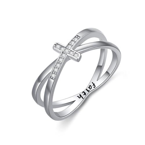 Cross Rings 925 Sterling Silver for Women Christian Religious Jewelry Faith Gifts for Mom Wife Girlfriend Her - color: White-3