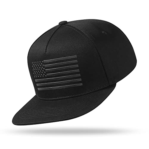 UALON Baseball Cap, Snapback Trucker Hat for Men & Women with American Flag and Adjustable, Breathable Mesh, Flat Bill Hats - color: Black