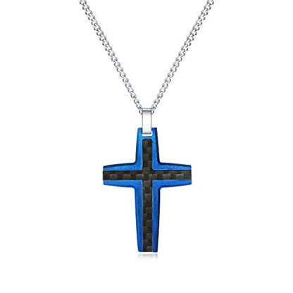 Men's Stainless Steel Cross Necklace,Two-Tone Black & Blue Carbon Fiber Pendant - Included Gift Box - style: Black & Blue XL001