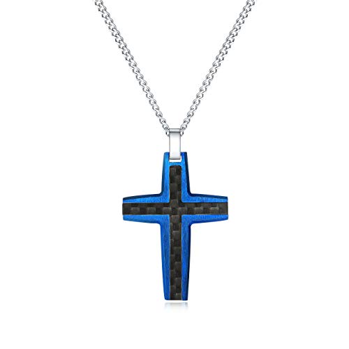 Men's Stainless Steel Cross Necklace,Two-Tone Black & Blue Carbon Fiber Pendant - Included Gift Box - style: Black & Blue XL001