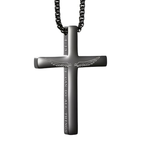 Cross Necklace Stainless Steel Necklace Religious Bible Verse Pendant Crucifix Necklace Faith Jewelry with 22' Chain - style: PH4:13 WINGS BLACK
