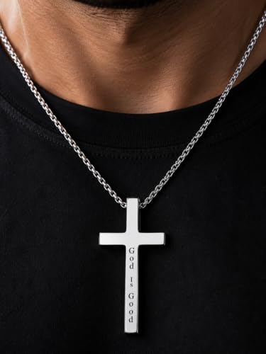 Engraved Cross Necklace for Men, Women & Boys & Girls Cross Necklace, Stainless Steel Cross Pendant Necklace, Faith & Inspiration Christian Jewelry Gift - color: God Is Good