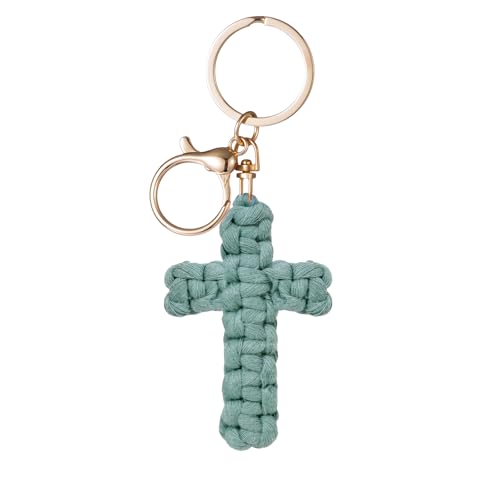 Macrame Cross Keychain,Jesus Key Chain Christian Car Accessories Handmade Soft Cross Keychain Cute Baptism Faith Inspired Boho Decor for Women Men Religious Gifts(Olive)