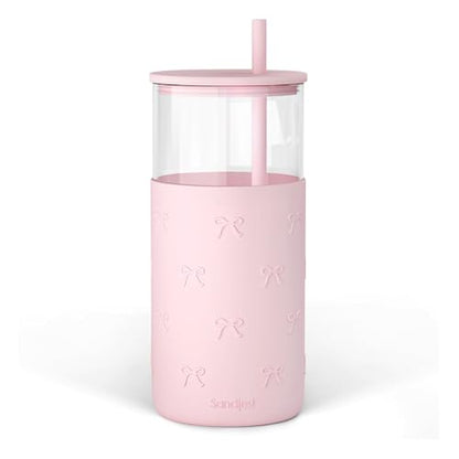SANDJEST Glass Tumbler with Straw and Lid, Bow Glass Water Bottle with Silicone Sleeve 20oz, Smoothie, Iced Coffee Cup, Gifts for Women Teen Girls Birthday Christmas - color: Bow 1