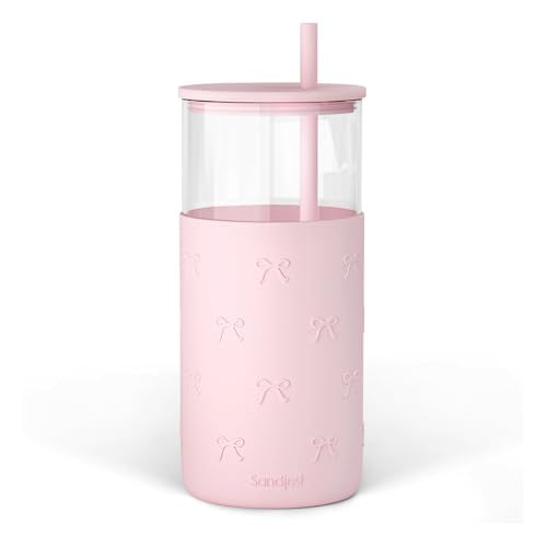 SANDJEST Glass Tumbler with Straw and Lid, Bow Glass Water Bottle with Silicone Sleeve 20oz, Smoothie, Iced Coffee Cup, Gifts for Women Teen Girls Birthday Christmas - color: Bow 1
