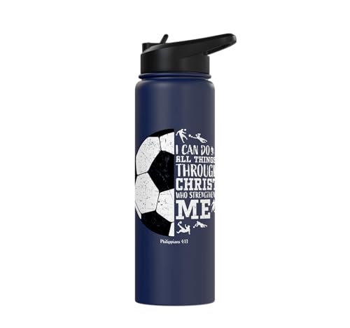 Christian Soccer Faith Graphic Bible Verse Philippians 4:13 Stainless Steel Insulated Water Bottle - color: Navy Blue