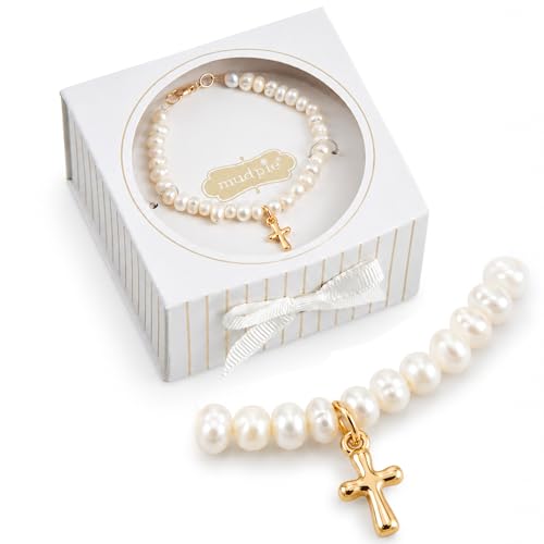 Mud Pie Pearl Cross Bracelet for Girls, Baby Baptism Bracelet With Gift Box