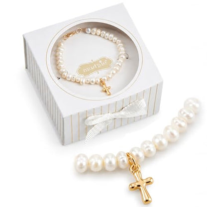 Mud Pie Pearl Cross Bracelet for Girls, Baby Baptism Bracelet With Gift Box