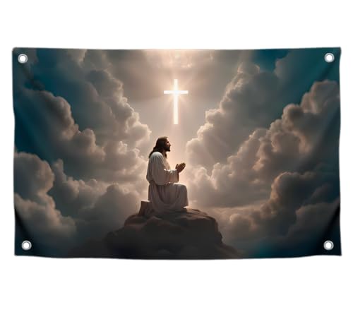 3x5 Feet Jesus Cross Polyester Flag with Four Brass Grommets - Decoration Christian Jesus Outdoor or Indoor Flags - Cool Jesus Banner for Decor Home Room - God Wall Posters for Outside or Inside