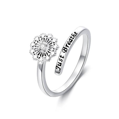 ROMANTICWORK Just Breathe Ring 925 Sterling Silver Cross/Lotus/Dandelion Adjustable Opening Ring Inspirational Jewelry for Women Birthday Christmas Gifts - style: Dandelion