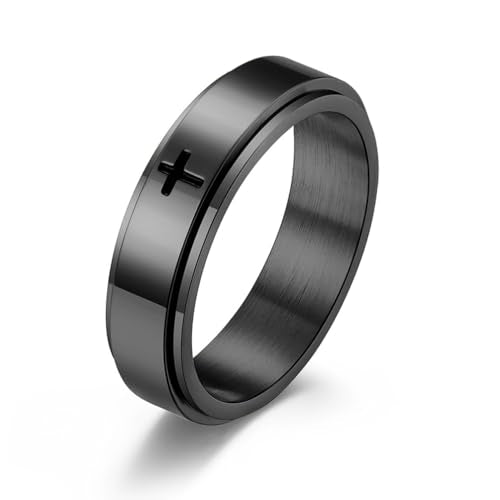 8MM Stainless Steel Cross Christian Ring Classic Plain Spinner Wedding Band for Men Women - color: 6mm - Black