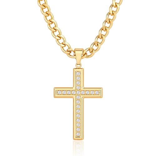 Cross Necklace for Men, Cuban Chain with Cubic Zirconia Pendant - color: GOLD