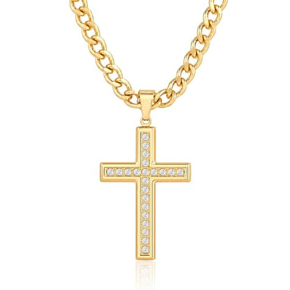 Cross Necklace for Men, Cuban Chain with Cubic Zirconia Pendant - color: GOLD