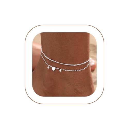 Ankle Bracelets for Women Waterproof Non Tarnish Anklet - style: 2 Layered Bead&Heart-SL