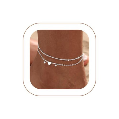 Ankle Bracelets for Women Waterproof Non Tarnish Anklet - style: 2 Layered Bead&Heart-SL