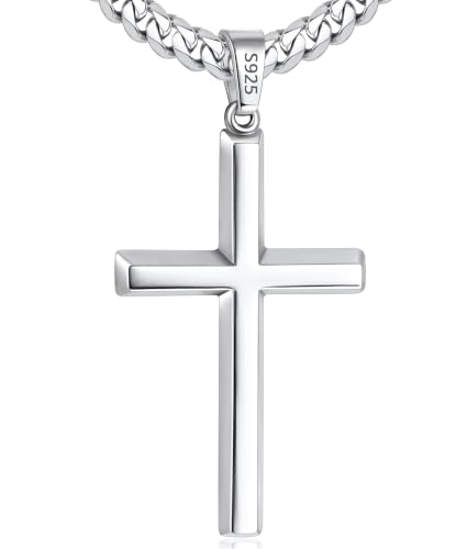Jewlpire 925 Sterling Silver Cross Necklace for Men, 18k Gold Plated Sterling Silver Cross Necklace with 4mm Stainless Steel Cuban Link Chain for Men, Mens Necklace 16 18 20 22 24 26 Inch - color: Silver Cross Pendant