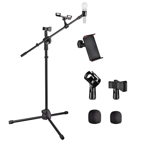 AW Microphone Boom Arm Stand w/Dual Mic Clips Adjustable Tripod Phone - color: Black-2 Mic Clips+Phone Holder, size: 1 pc