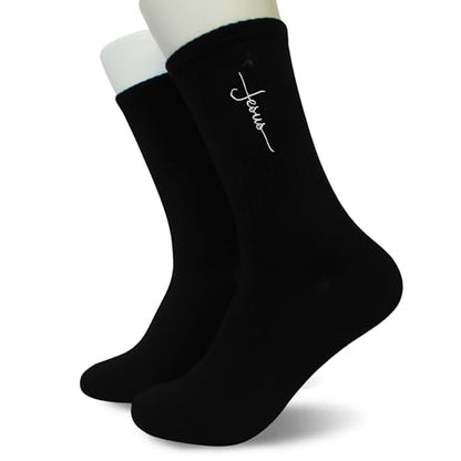 Christian Embroidered Crew Socks, Jesus Faith Religious Socks for Women and Men, Cross Scripture Novelty Gift Socks - color: Script Cross Jesus Black