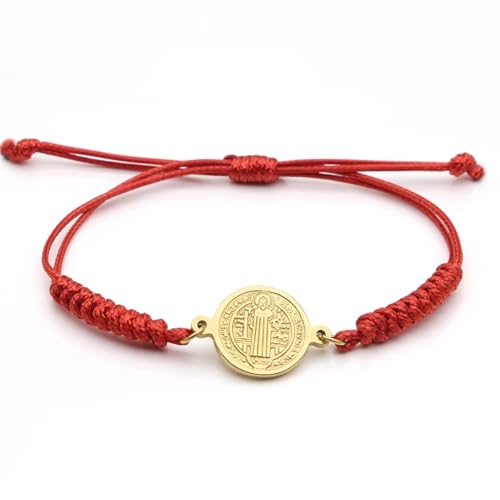 925 Sterling Silver San Benito Bracelet For Women And Men, Catholic Multicolor Bracelet St. Benedict Medal Hand Knitted Knot Coin Beaded Adjustable Religious Prayer Faith - color: Red Gold - San Benito Bracelet