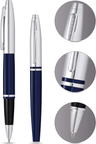 Cross Calais Rollerball Pen, Chrome & Blue Lacquer, Medium Point, Black Ink - color: Chrome & Blue
