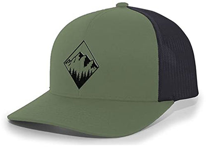 Trenz Shirt Company Men's Retro Geometric Diamond Mountain Outdoors Woodland Embroidered Mesh Back Trucker Hat - color: Loden/Black