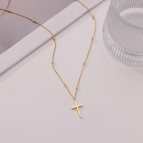 Poxtex Cross Necklace for Women Teen Girls, Dainty 14K Gold Silver Plated Cross Choker Jewelry Non Tarnish Waterproof Cute Simple Small Necklace Christian Baptism Religious Faith Jewelry Gifts - color: 04 Satellite Cross Necklace