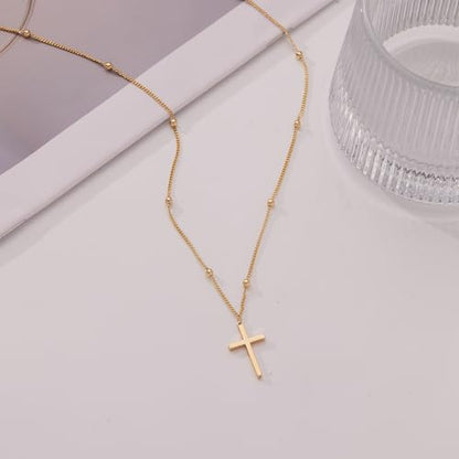 Poxtex Cross Necklace for Women Teen Girls, Dainty 14K Gold Silver Plated Cross Choker Jewelry Non Tarnish Waterproof Cute Simple Small Necklace Christian Baptism Religious Faith Jewelry Gifts - color: 04 Satellite Cross Necklace