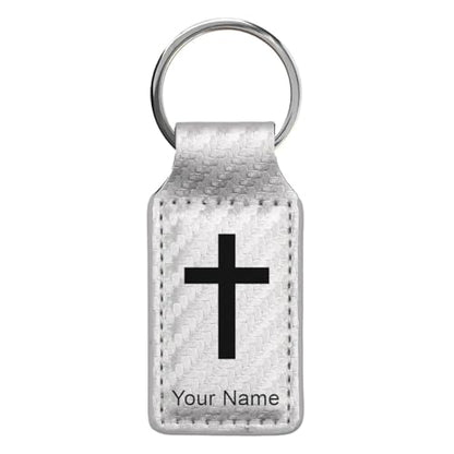 LaserGram Rectangle Keychain, Christian Cross, Personalized Engraving Included - color: Carbon Fiber Silver
