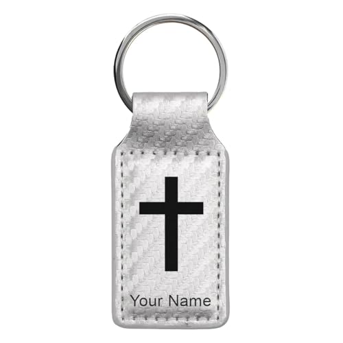 LaserGram Rectangle Keychain, Christian Cross, Personalized Engraving Included - color: Carbon Fiber Silver
