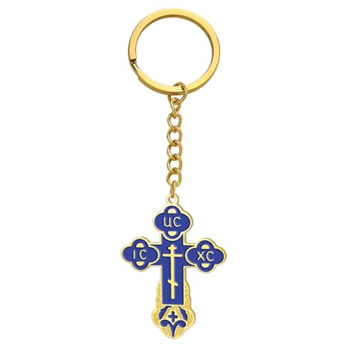 TEAMER Cross Keychain Russian Orthodox Crucifix Eastern Church Keychain Religious Christian Prayer Jewelry for Men Women - color: Blue Gold