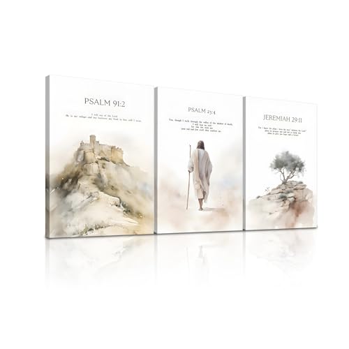 Set of 3 Framed Canvas Wall Art, Christian Bible Verse Psalm Watercolor Prints, Jesus Walking & Mountain Castle & Tree Religious Wall Decor for Home Bedroom Living Room Church 12x16inch - color: Jesus07, size: 16L" x 12W"