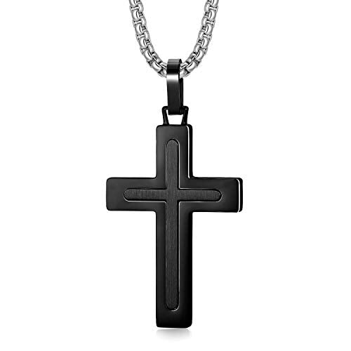 Men's Stainless Steel Cross Necklace,Two-Tone Black & Blue Carbon Fiber Pendant - Included Gift Box - style: Black & Dark Grey XL003